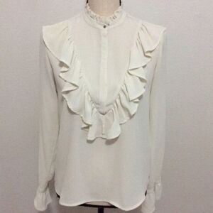 Zara‎ Basic Collection Ivory Long-sleeve Ruffle Blouse